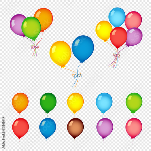 Colorful helium balloons. Bunches and groups of colorful helium balloons isolated on transparent background