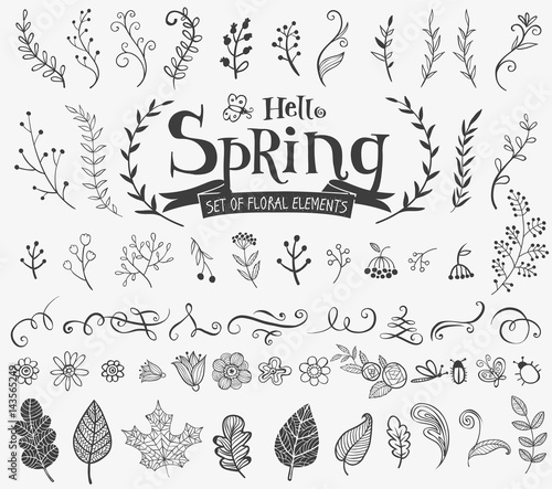 Floral spring design elements in doodle style