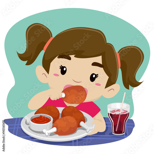 Vector Illustration of Little Girl Eating Chicken with Soda