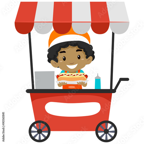Vector Illustration of a Vendor Boy Selling Hotdog on Food cart
