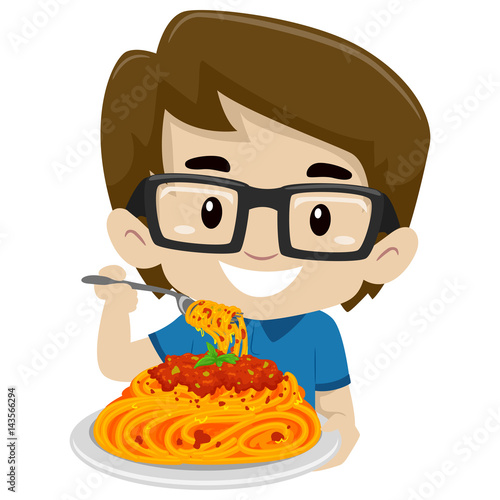 Vector Illustration of Kid Boy Eating Spaghetti