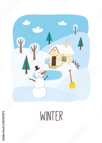 Winter card design. Winter landscape. Cartoon vector hand drawn eps 10 illustration.