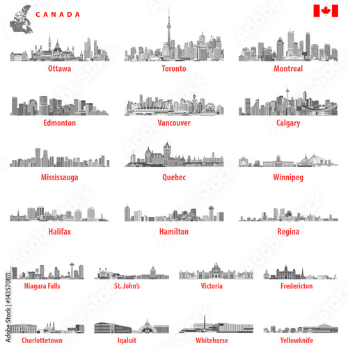 Canadian cities skylines in black and white color palette. Map and flag of Canada