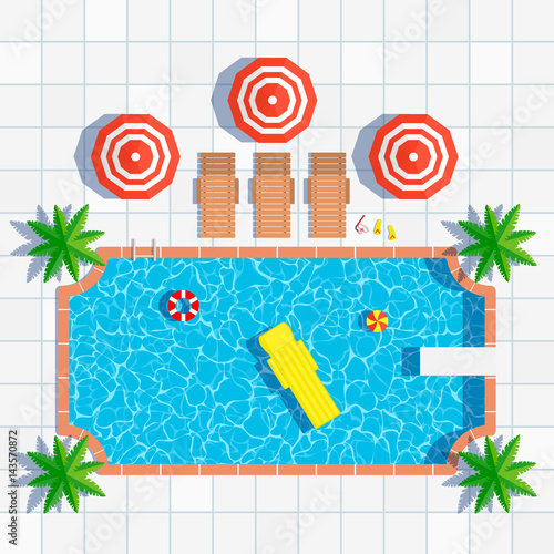 swimming pool top view with umbrellas palm trees loungers air mattress