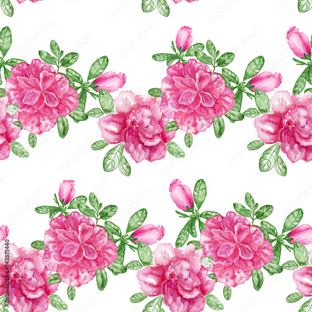 Azalea. Seamless Pattern with pink flowers on the white background / Watercolor illustration Azalea. Seamless Pattern with pink flowers on the white background / Watercolor illustration