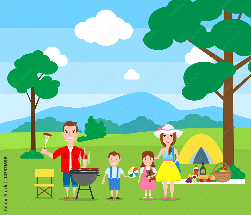 happy family having picnic in nature and making barbecue.summer vacation happy family having picnic in nature and making barbecue.summer vacation