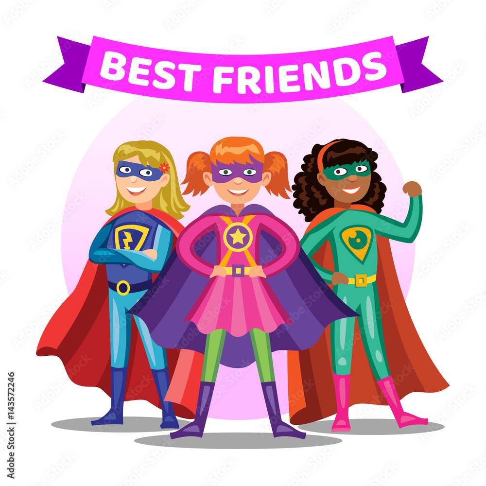 Three cartoon super heroines. Girls in colorful superhero costumes. Kids  best friends. Vector illustration. Stock Vector | Adobe Stock