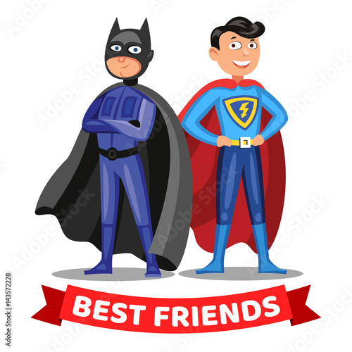 Two cartoon superheroes. Boys in colorful superhero costumes. Best friends.  Vector illustration. Stock Vector | Adobe Stock