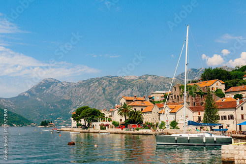 Sailboat in the ancient town of Perast in Bay of Kotor, Montenegro