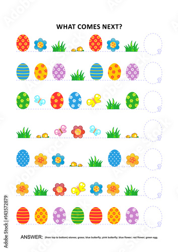 Easter themed educational logic game training sequential pattern recognition skills: What comes next in the sequence? Answer included.
