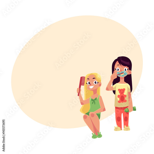 Little girls in pajamas brushing teeth and combing hair, evening hygiene routine, cartoon vector illustration with place for text. Girls brushing teeth and combing hair, health care concept