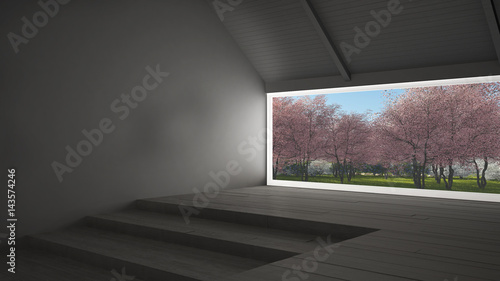 Big panoramic window with spring garden with pink flowers trees  empty room interior design