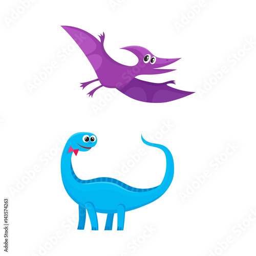 Two funny baby dinosaur characters - brontosaurus and pterodactyloidea, cartoon vector illustration isolated on white background. Happy smiling brontosaurus and pterodactyloidea dinosaur characters