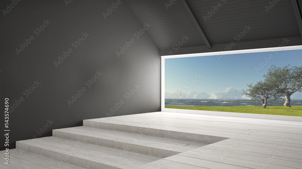 Big panoramic window with grass garden, olives trees and rough seas, empty room interior design Big panoramic window with grass garden, olives trees and rough seas, empty room interior design
