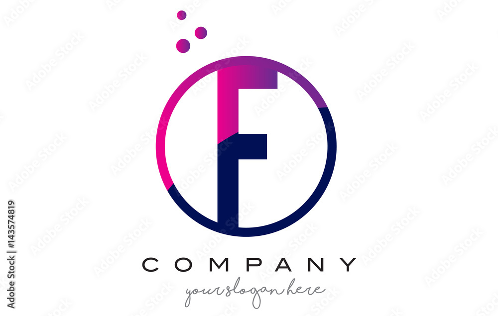 F Circle Letter Logo Design with Purple Dots Bubbles F Circle Letter Logo Design with Purple Dots Bubbles