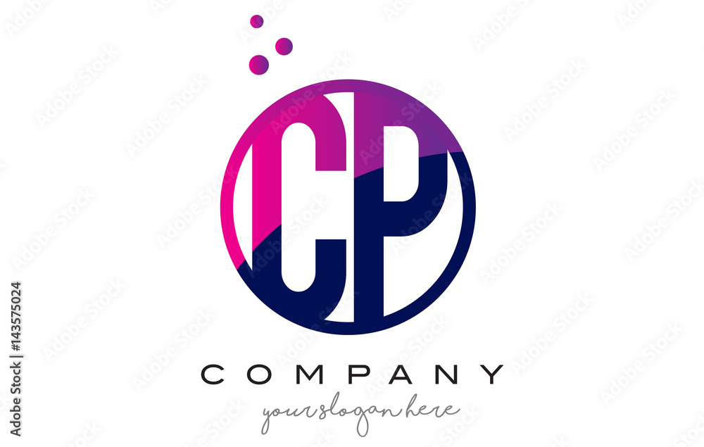CP C P Circle Letter Logo Design with Purple Dots Bubbles CP C P Circle Letter Logo Design with Purple Dots Bubbles