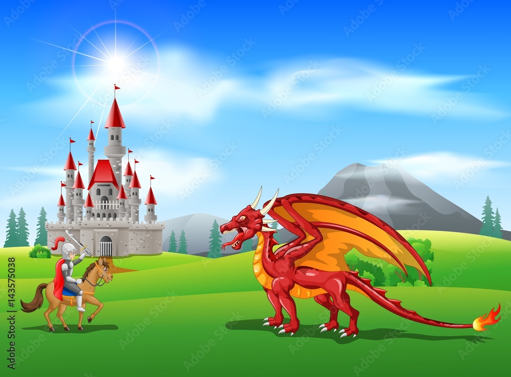 Fototapeta premium Cartoon knight with fierce dragon. Vector illustration