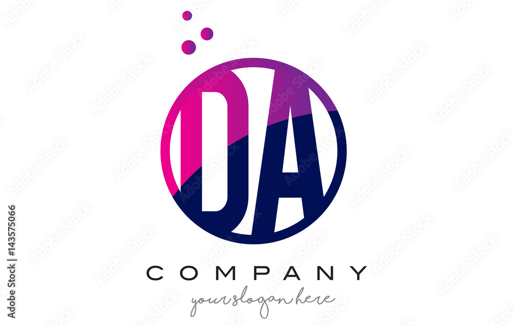 DA D A Circle Letter Logo Design with Purple Dots Bubbles