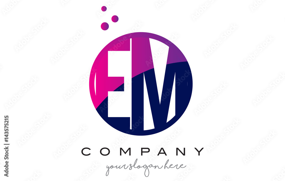 EM E M Circle Letter Logo Design with Purple Dots Bubbles