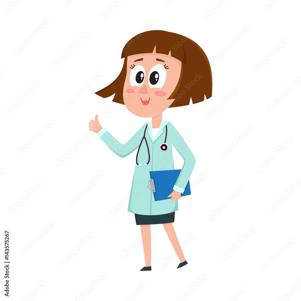 Comic woman doctor character holding clipboard, showing thumbs up, cartoon vector illustration isolated on white background. Full length portrait of funny woman doctor holding clipboard Comic woman doctor character holding clipboard, showing thumbs up, cartoon vector illustration isolated on white background. Full length portrait of funny woman doctor holding clipboard