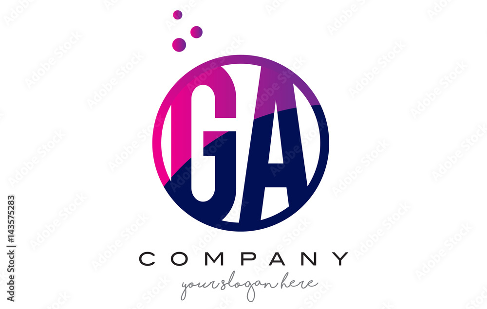 GA G A Circle Letter Logo Design with Purple Dots Bubbles GA G A Circle Letter Logo Design with Purple Dots Bubbles