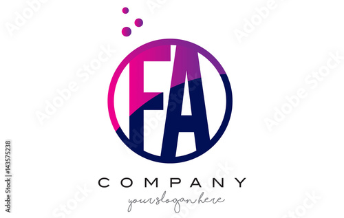 FA F A Circle Letter Logo Design with Purple Dots Bubbles