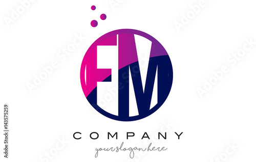 FM F M Circle Letter Logo Design with Purple Dots Bubbles
