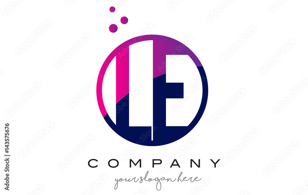 LE L E Circle Letter Logo Design with Purple Dots Bubbles LE L E Circle Letter Logo Design with Purple Dots Bubbles
