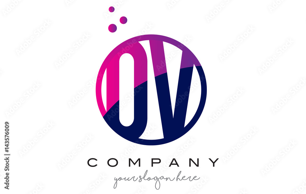 OV O V Circle Letter Logo Design with Purple Dots Bubbles OV O V Circle Letter Logo Design with Purple Dots Bubbles
