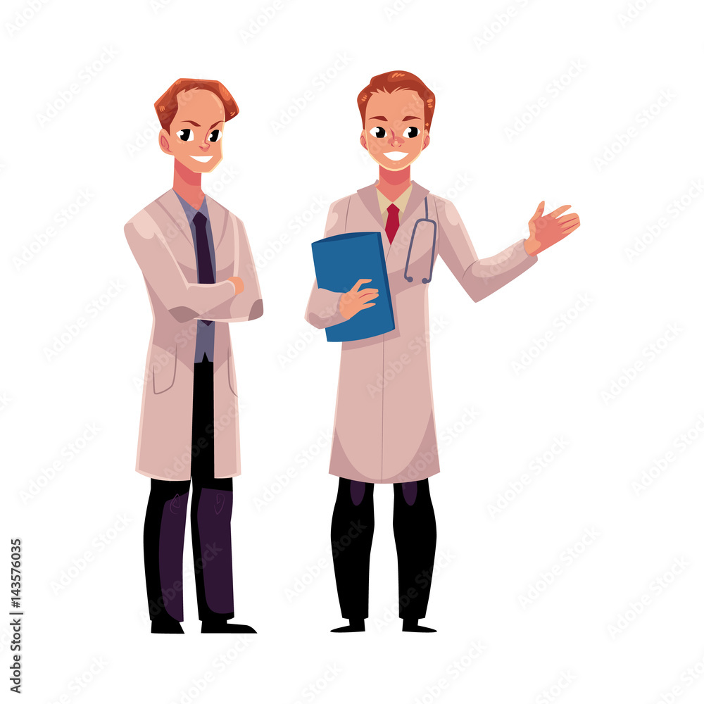 Two male doctors in medical coats, one holding stethoscope and folder, another with folded arms, cartoon vector illustration isolated on white background. Full length portrait of two male, man doctors Two male doctors in medical coats, one holding stethoscope and folder, another with folded arms, cartoon vector illustration isolated on white background. Full length portrait of two male, man doctors