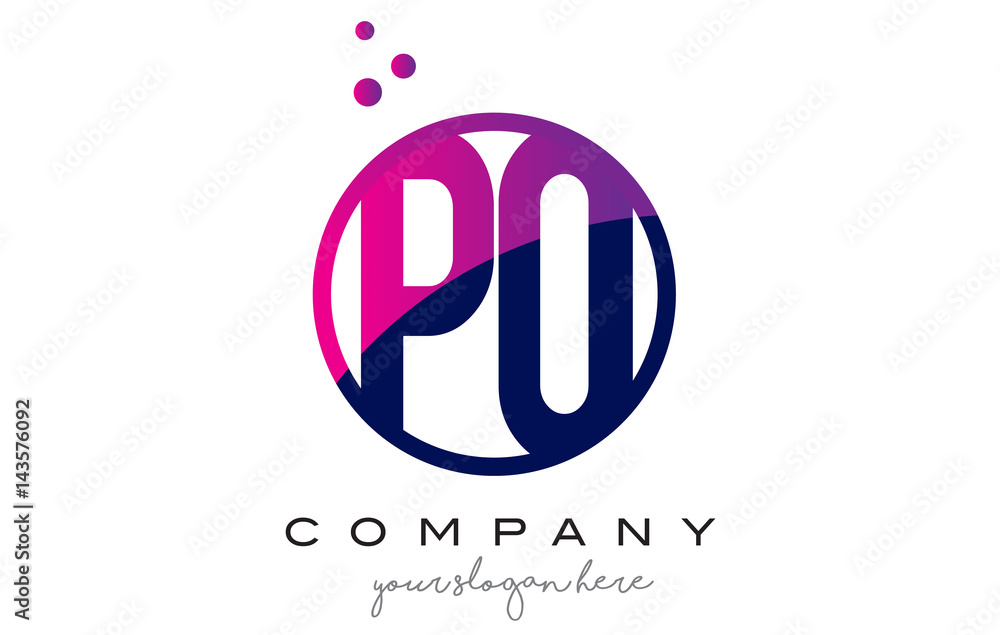 PO P O Circle Letter Logo Design with Purple Dots Bubbles
