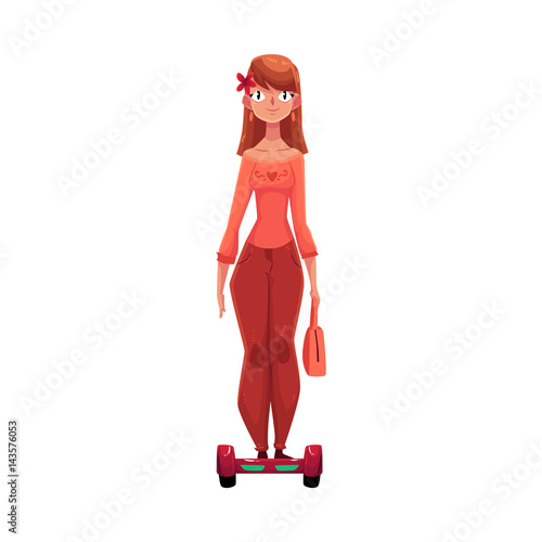Young pretty girl, woman riding self-balancing board, gyro scooter, cartoon vector illustration isolated on white background. Girl riding, using hoverboard, self-balancing scooter, personal transport