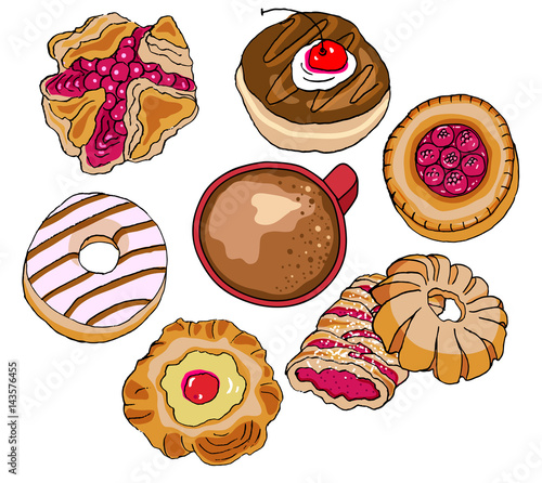 Pastry and Coffee, hand drawn illustration with doughnuts, puff pastry square, strudel and Danish jam-filled pastry