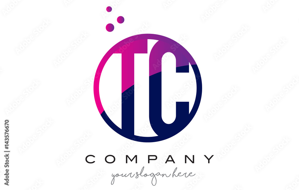 Obraz premium TC T C Circle Letter Logo Design with Purple Dots Bubbles