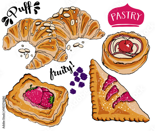 Puff Pastry, including French almond croissants, cherry turnover, fruit shells and Danish jam-filled pastry