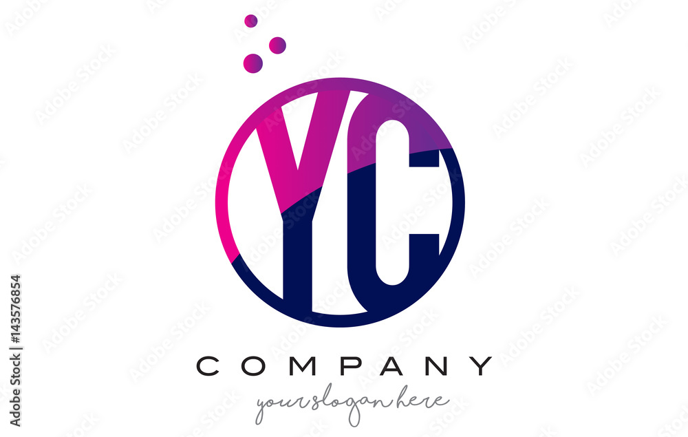 Obraz premium YC Y C Circle Letter Logo Design with Purple Dots Bubbles