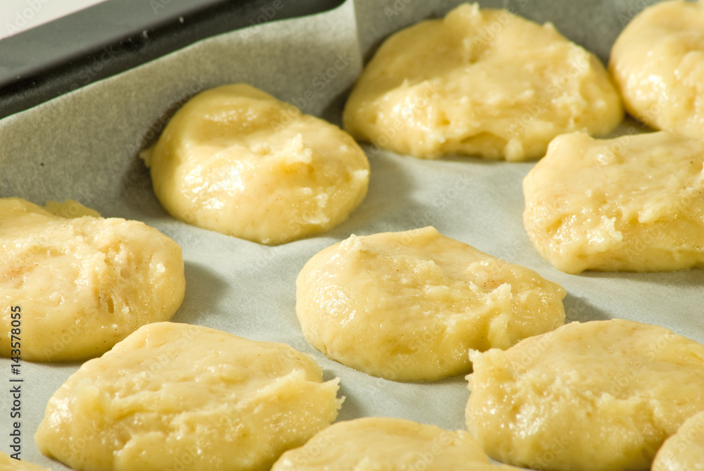 Cookie dough on a baking sheet close-up Cookie dough on a baking sheet close-up