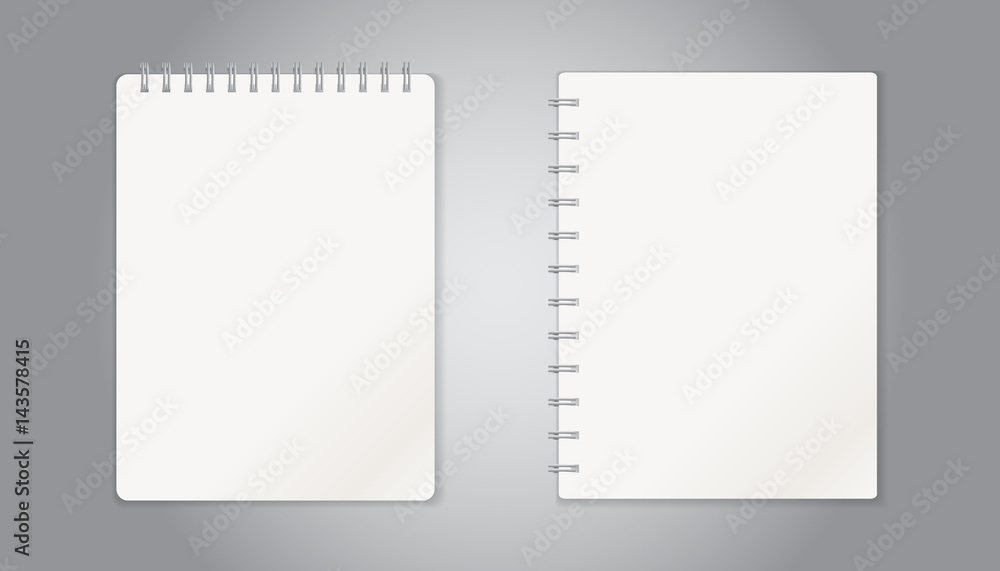 Realistic template notepad with spiral. Blank cover design. School business diary. Office stationery notebook on gray background Realistic template notepad with spiral. Blank cover design. School business diary. Office stationery notebook on gray background