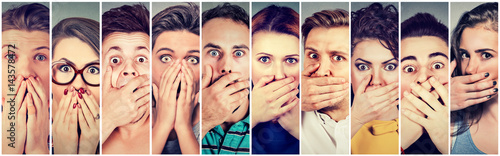 Foto Group of shocked people men and women covering their mouth with hands