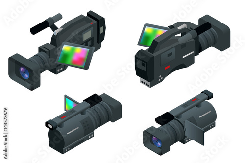 Professional digital video camera. Flat 3d isometric illustration for infographics and design. Camcorders and Equipment.