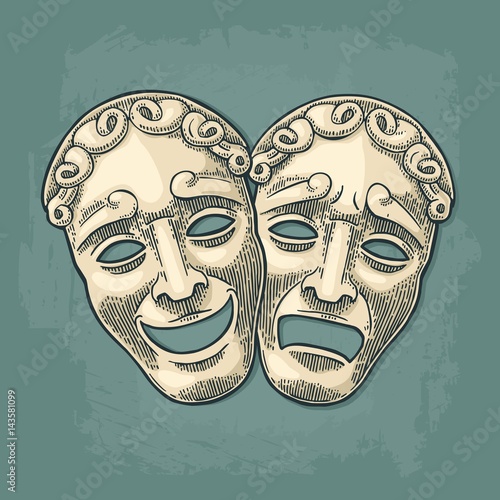 Comedy and tragedy theater masks. Vector engraving vintage black illustration