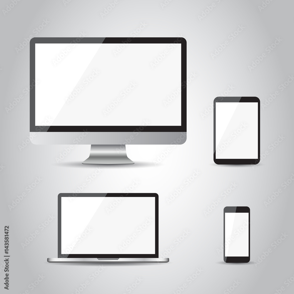 Realistic device flat Icons: smartphone, tablet, laptop and desktop computer. Vector illustration on gray background Realistic device flat Icons: smartphone, tablet, laptop and desktop computer. Vector illustration on gray background