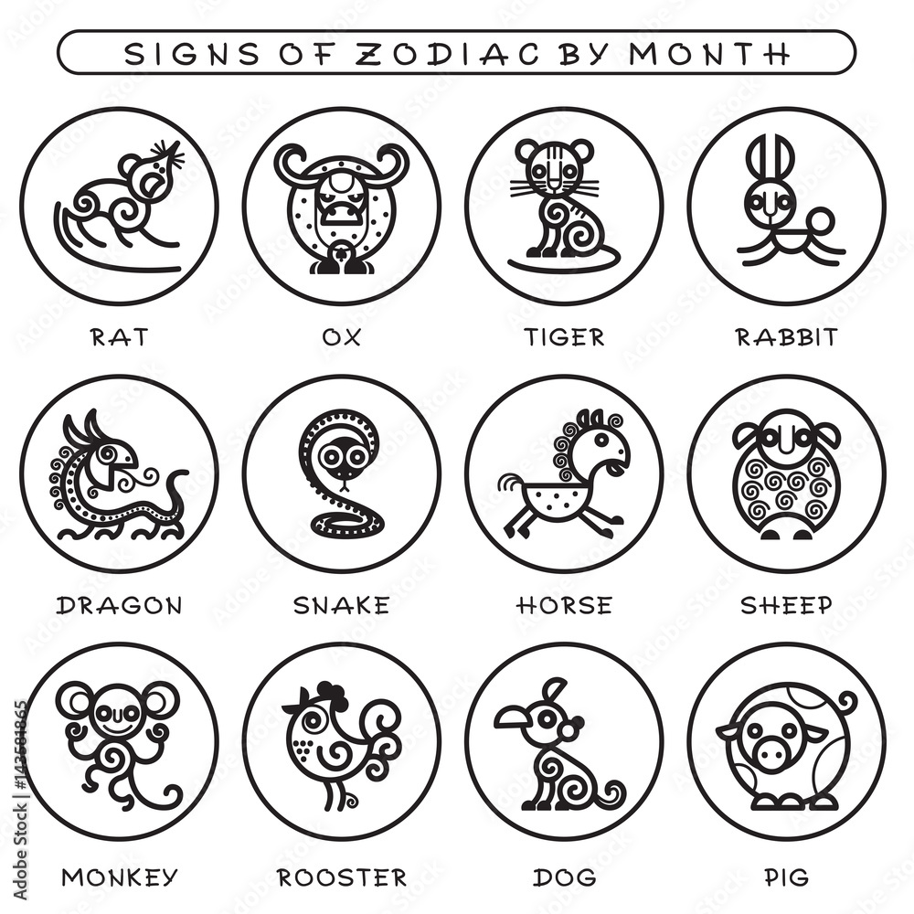 Chinese zodiac signs - set of Icons of astrological animals. Vector  illustration of zodiac symbols in cartoon style on white circles Stock  Vector | Adobe Stock