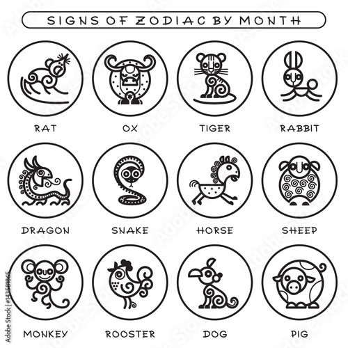Chinese zodiac signs - set of Icons of astrological animals. Vector illustration of zodiac symbols in cartoon style on white circles