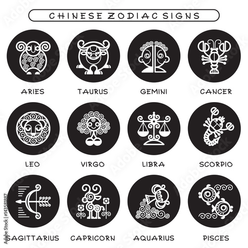 Zodiac signs - set of Icons of astrological pictures. Vector illustration of zodiac symbols in cartoon style on black circles