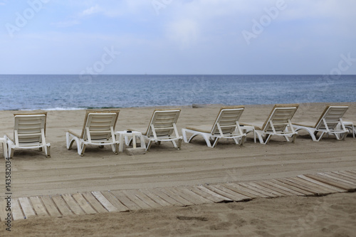 Backview of white sunbeds at sandy beach © Saida