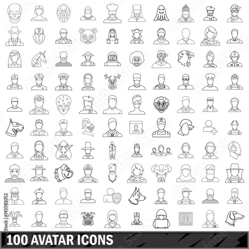 100 avatar icons set  outline style