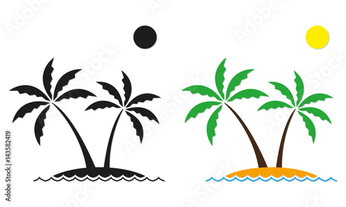 Palm tree icon set. Vector palm trees on the island. Landscape template.