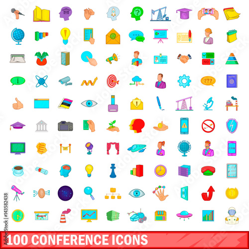 100 conference icons set, cartoon style