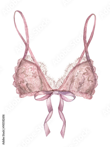 Watercolor illustration of women's underwear. Hand-drawn  pink lace bra with ribbon